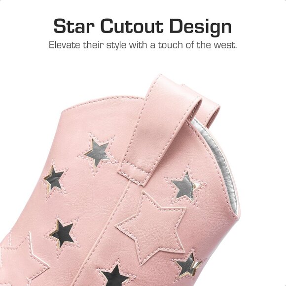 Girls Pink Cowgirl Mid Calf Glitter Western Boots Toddler Star Riding Shoes - Picture 2 of 5